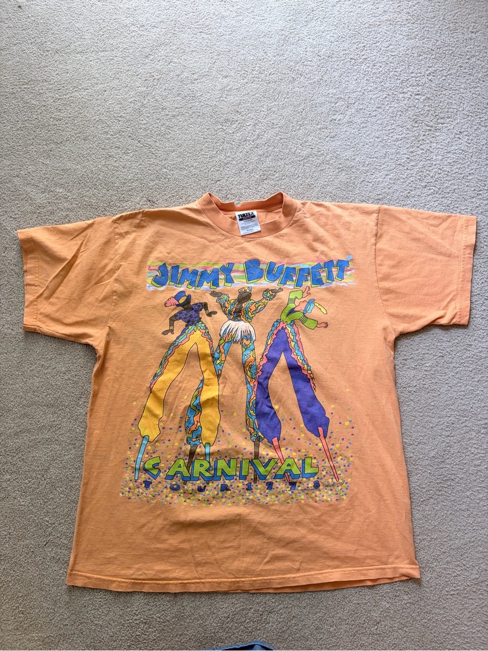 Jimmy Buffet Vintage Orange Tee with Bold Blue and Multicolor Graphic